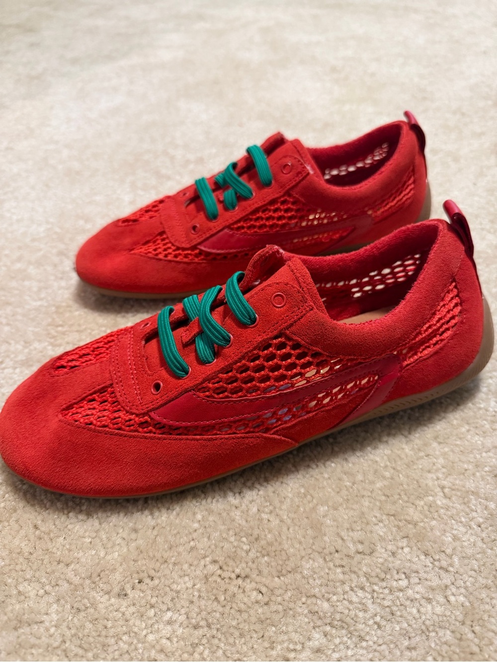 Women's Red Athletic Sneakers with Green Laces